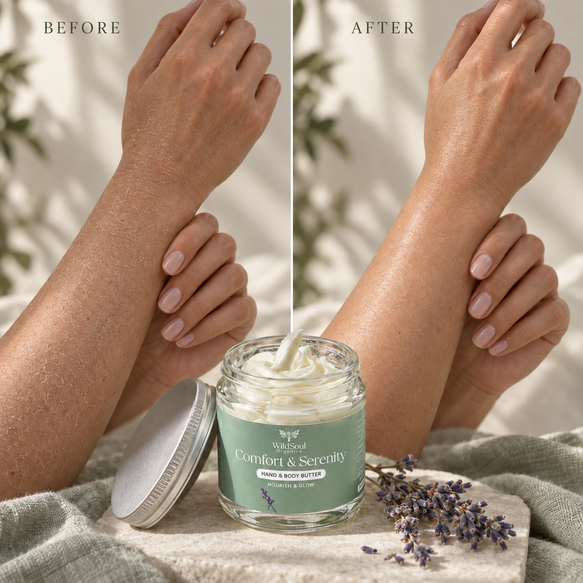 Before and after comparison showing dry, flaky-looking skin and the same skin appearing moisturised, soft and glowing after applying Comfort & Serenity body butter