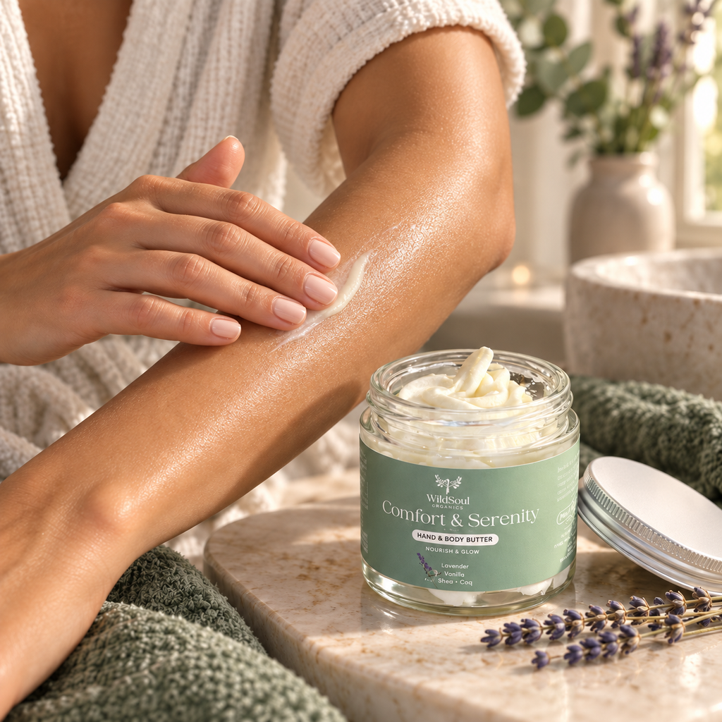 Woman smoothing a small silky amount of Comfort & Sweet Serenity body butter over her arm, showing its glide and soft moisturised glow