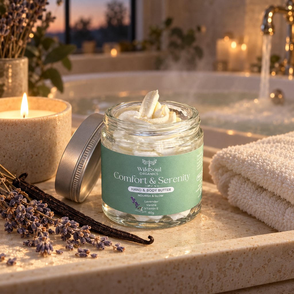 Comfort & Sweet Serenity body butter beside a candle, lavender, vanilla and a warm evening bath