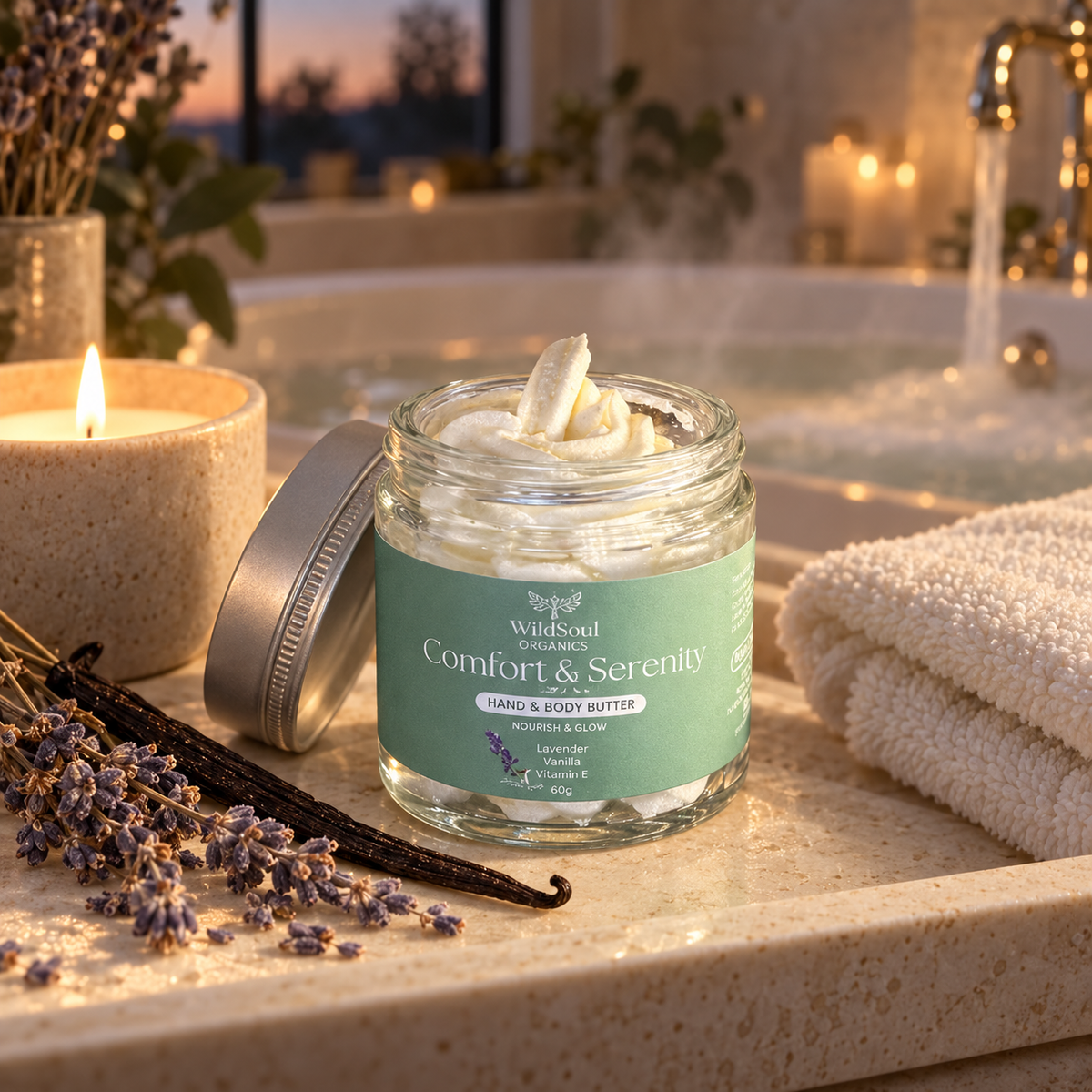 Comfort & Sweet Serenity body butter beside a candle, lavender, vanilla and a warm evening bath