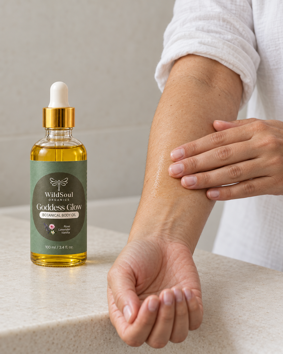 Goddess Glow body oil being massaged into a forearm