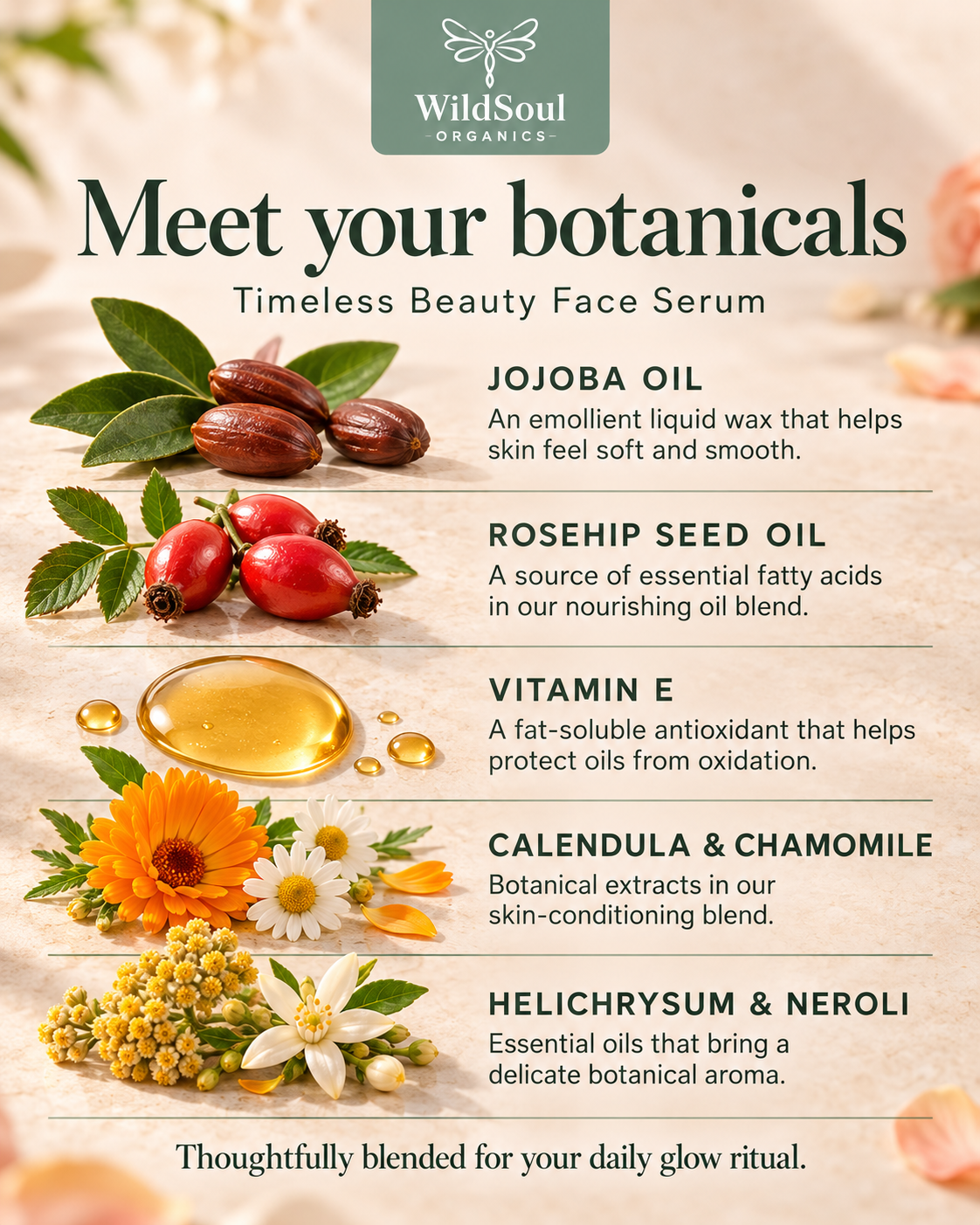 Timeless Beauty Face Serum ingredient guide: jojoba, rosehip, vitamin E, calendula, chamomile, helichrysum and neroli