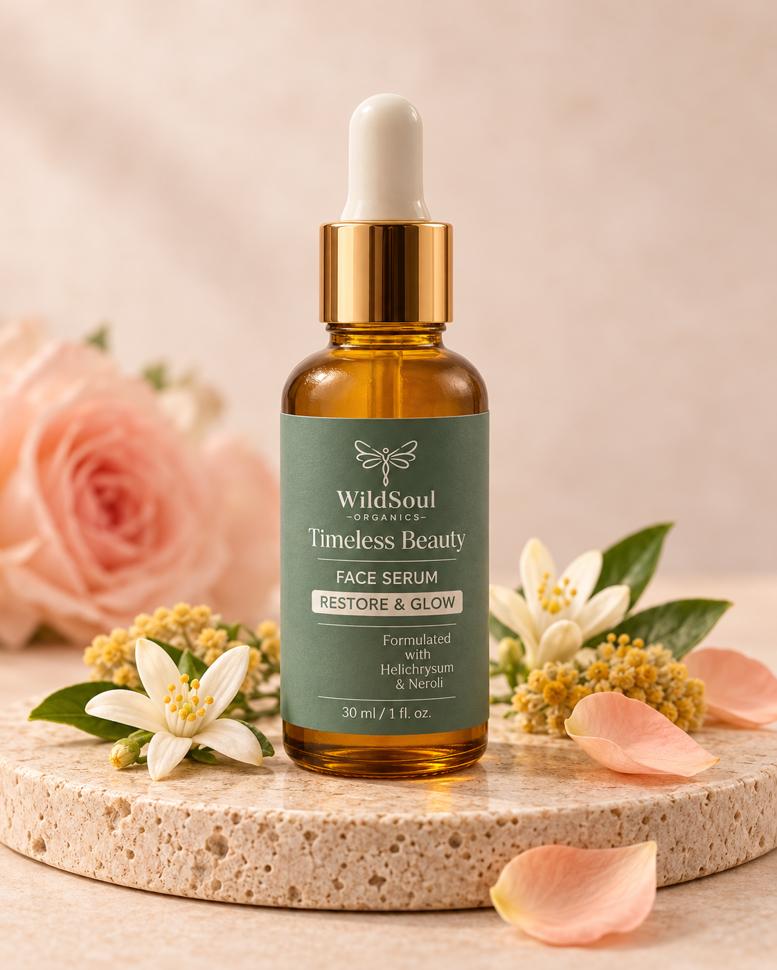 Timeless Beauty Face Serum on travertine with botanical flowers