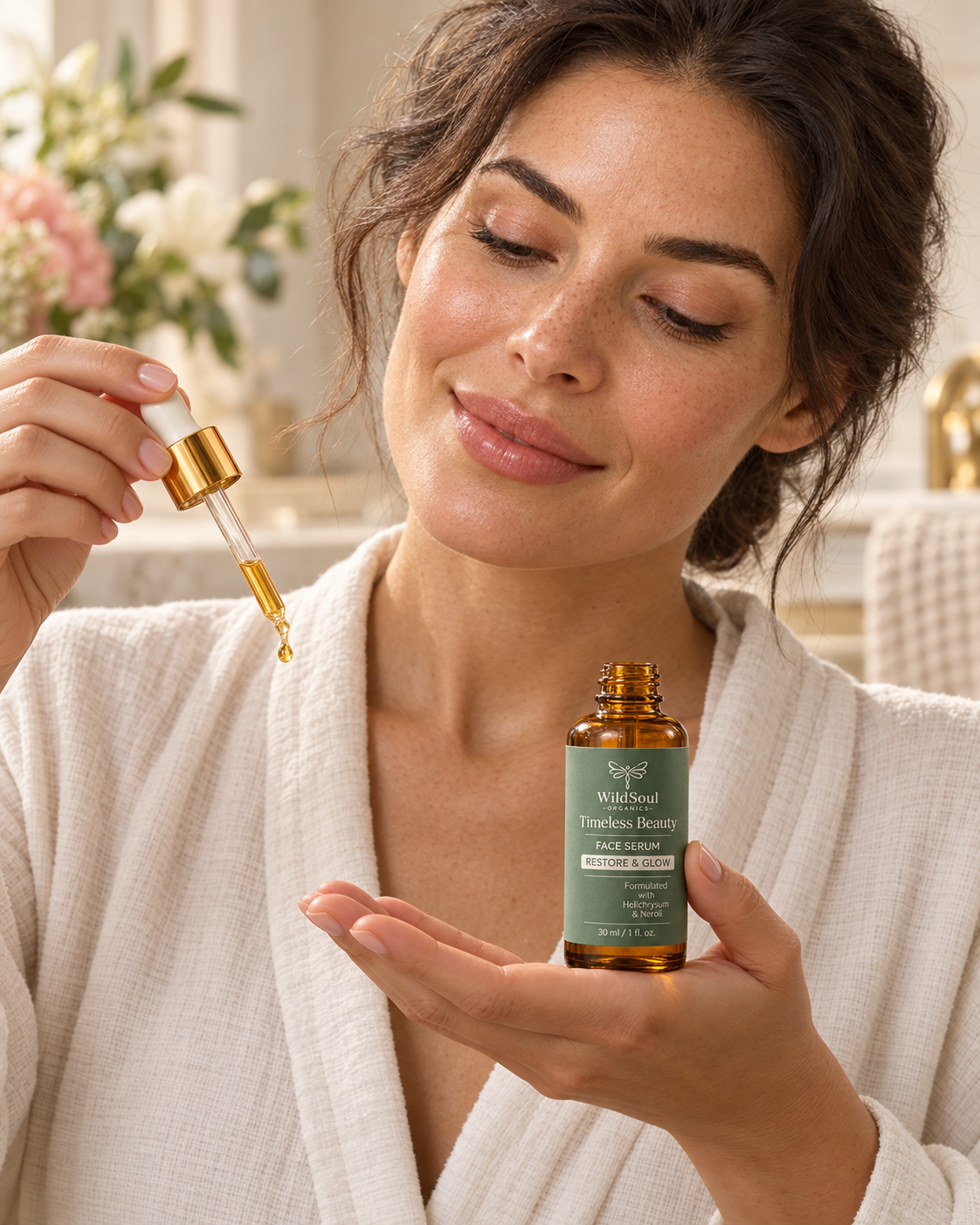 Model dispensing Timeless Beauty Face Serum during a skincare ritual