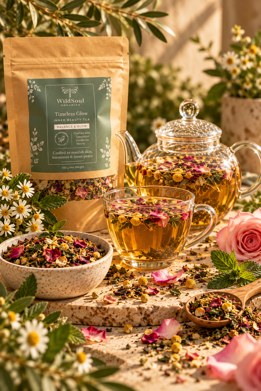 WildSoul Organics Timeless Glow Inner Beauty Tea botanical product photography