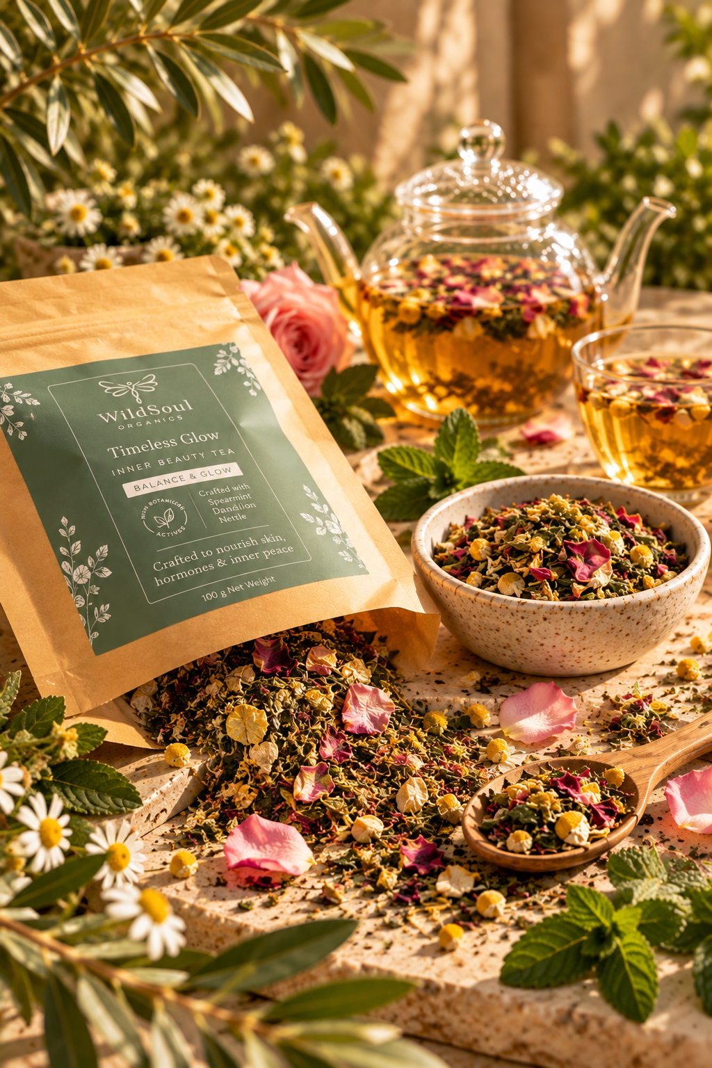 Timeless Glow Inner Beauty Tea with loose botanicals and brewed herbal tea