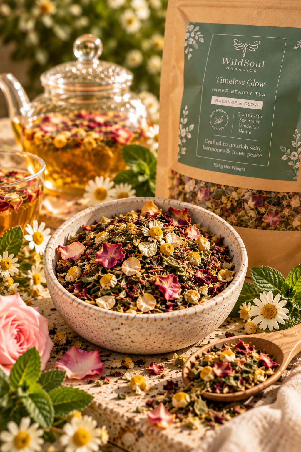 WildSoul Organics Timeless Glow tea botanical still life